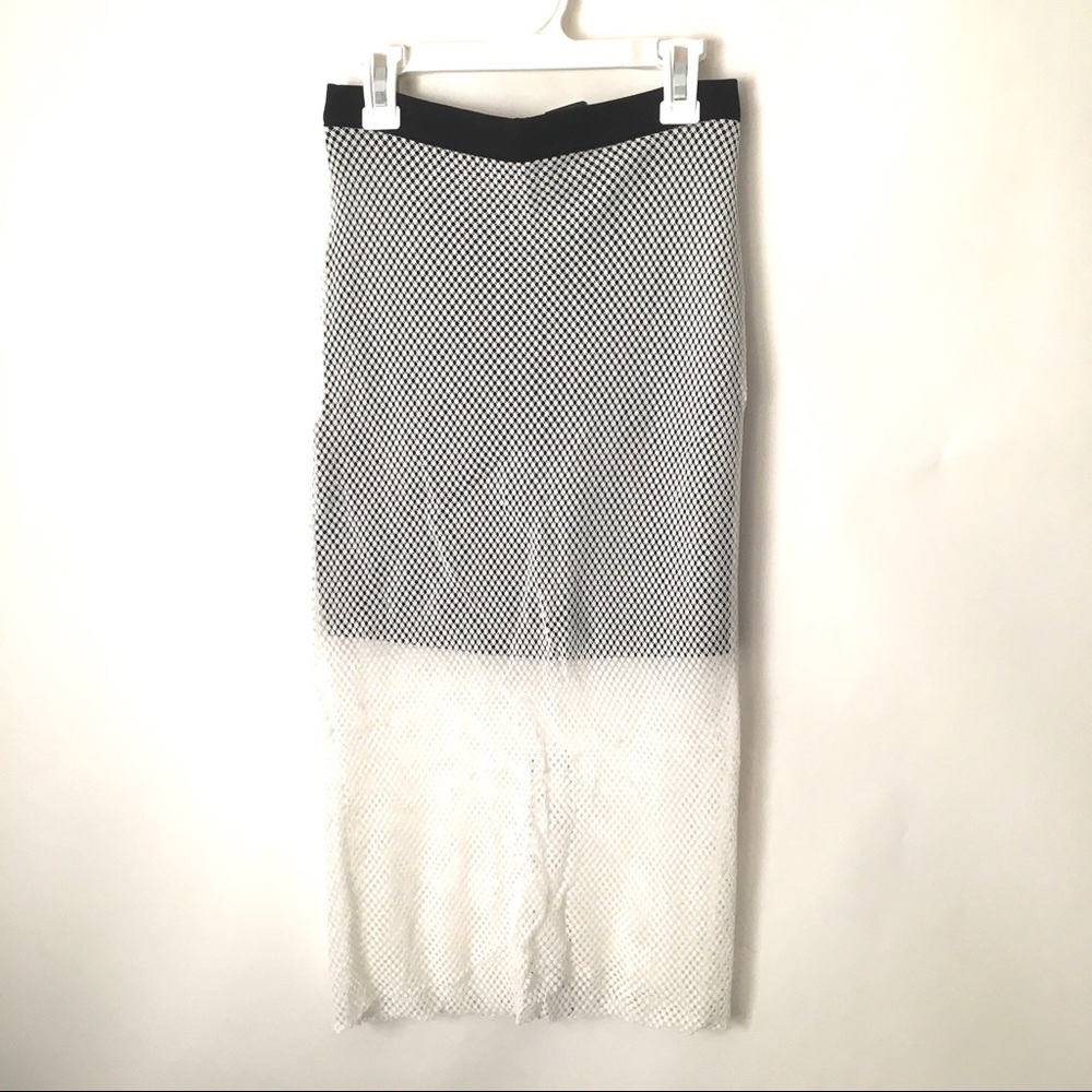 Bebe White and Black Fishnet Midi Skirt